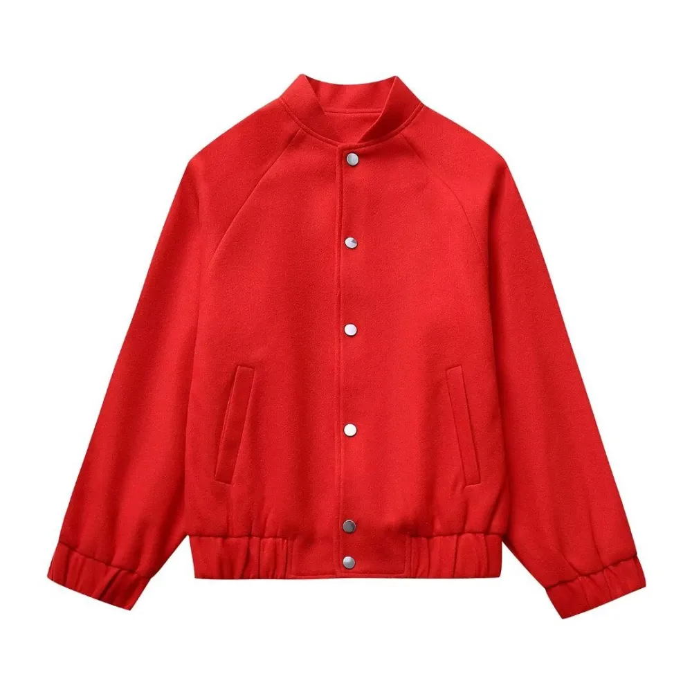 Red Stand-up Collar Fashion Casual Woolen Baseball Uniform Jacket