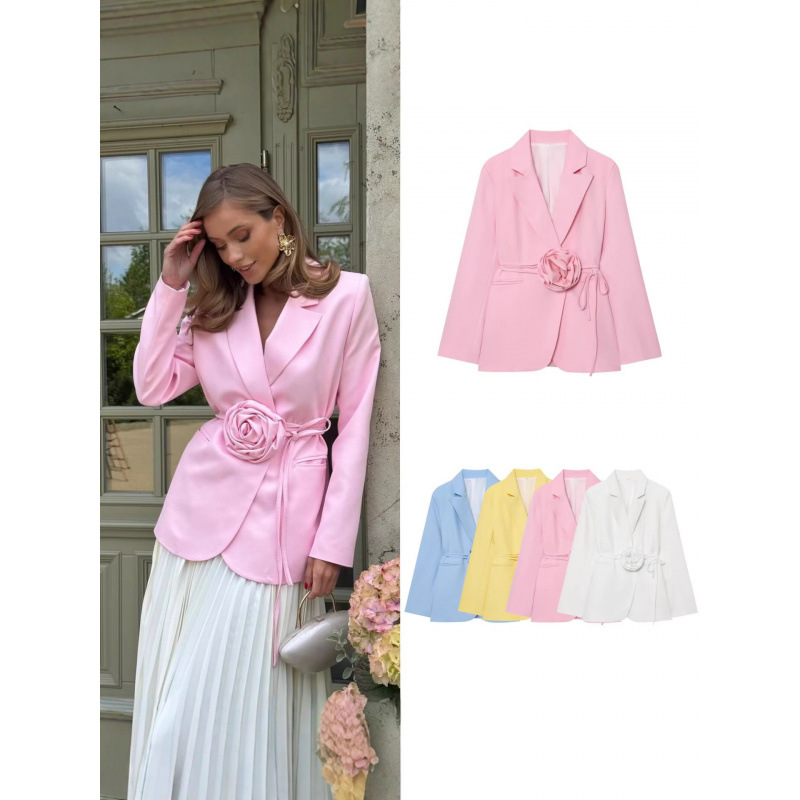 Womens Loose-Fit Lace-Up Blazer With 3D Floral Embellishments