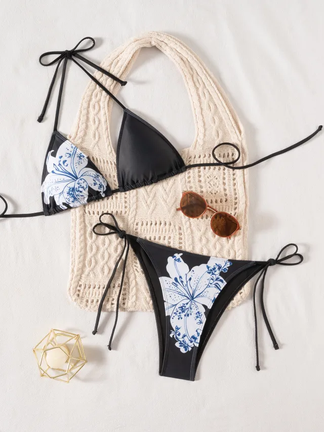 Triangle Cup Printed Lace Up Bikini Two Piece Swimsuit Black - Shop at LoveMi