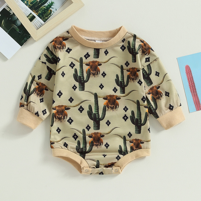 Cactus Print Round Neck Long Sleeve Jumpsuit