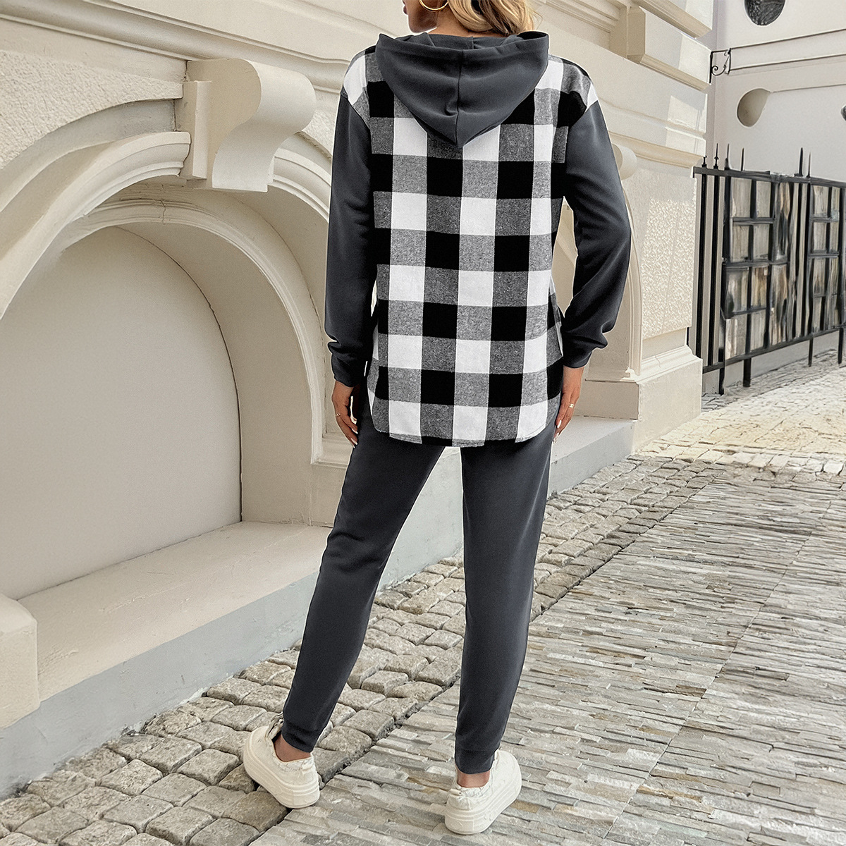Casual Contrast Color Plaid Hooded Sweater Ankle-tied Trousers Suit