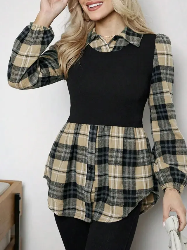 Striped Fake Two piece Long Sleeve Shirt Women Camel - Shop at LoveMi