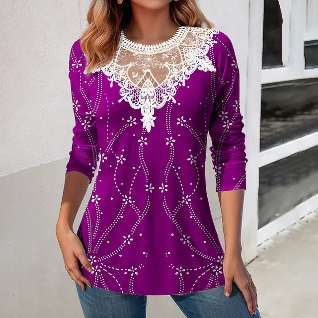 Lace Patchwork Round Neck Top Fashion Casual Printing Loose Long Sleeve Top Women Purple - Shop at LoveMi