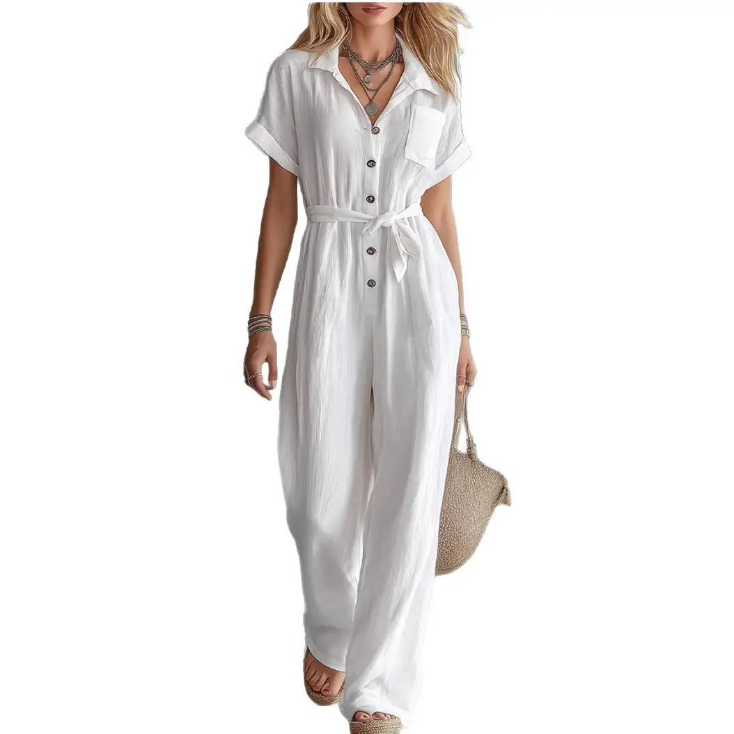 Womens Casual V-Neck Lace-Up Jumpsuit With Pockets