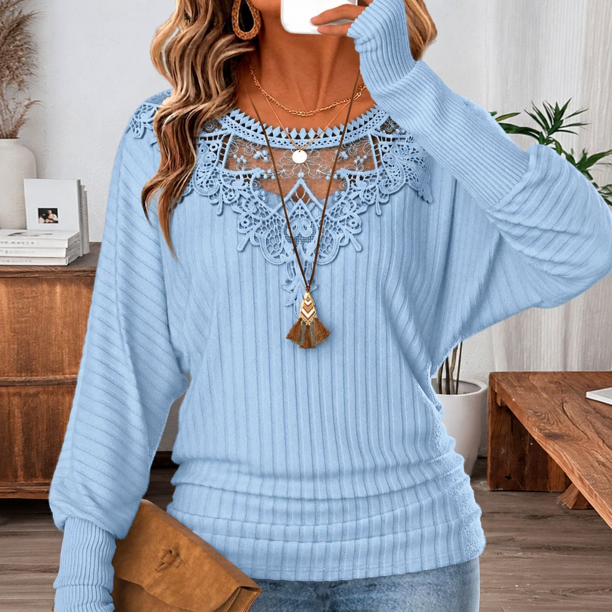 Women's Lace-trimmed Collar Long-sleeve Ribbed Waist-cinching Top