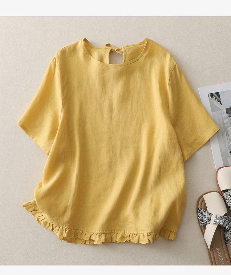 Retro Patchwork Cotton Short-Sleeve Shirt with Hollow-Back