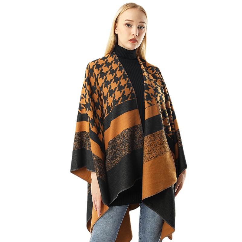 Women’s Split Houndstooth Cape And Shawl Fashionable Simple Retro Cloak All-matching