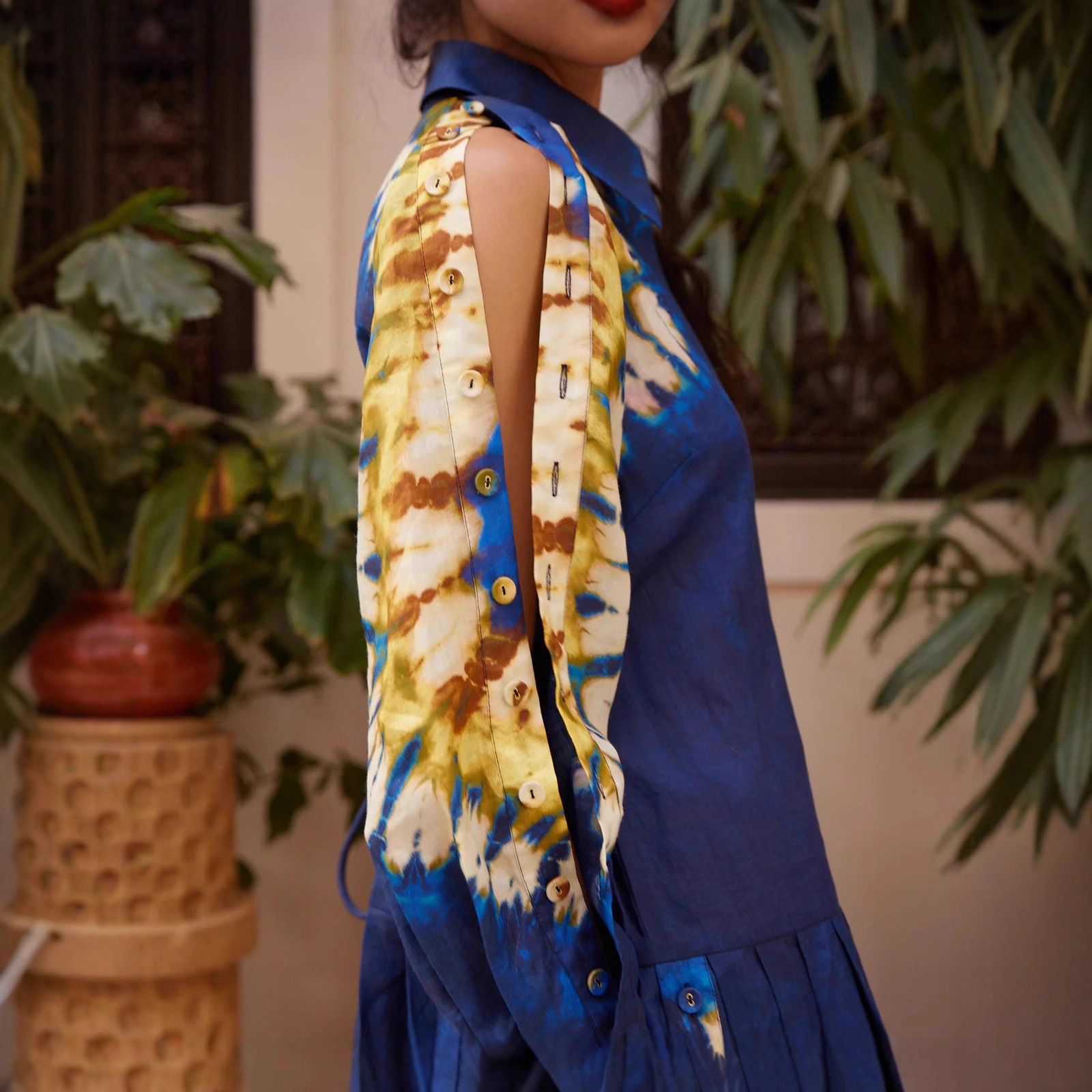 Elegant linen printed dress for women (blue-s)