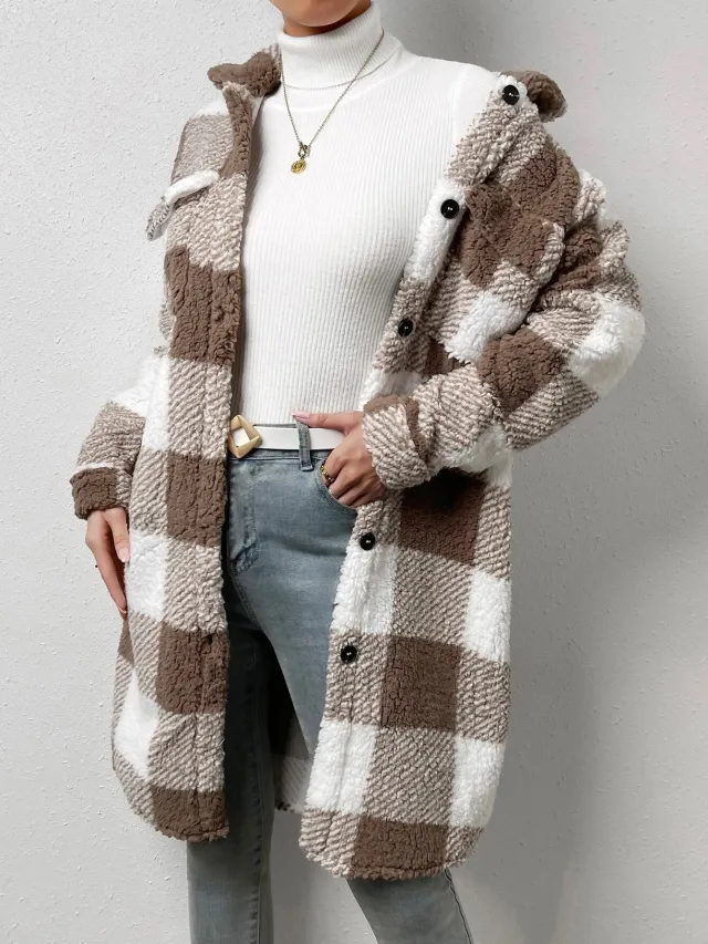 Button Lapel Plush Plaid Coat Loose Coffee - Shop at LoveMi