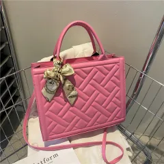 High-grade Solid Color One-shoulder Plaid Embroidery Thread Women's Tote - Pink - View 1