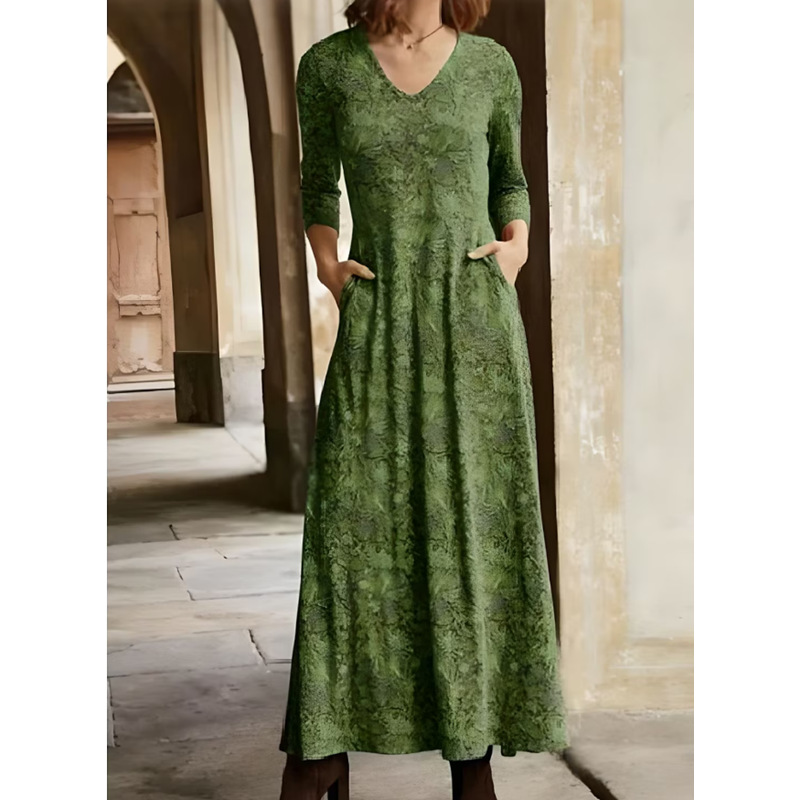 Women's Cotton Printed V-neck Pocket Long Sleeved Dress