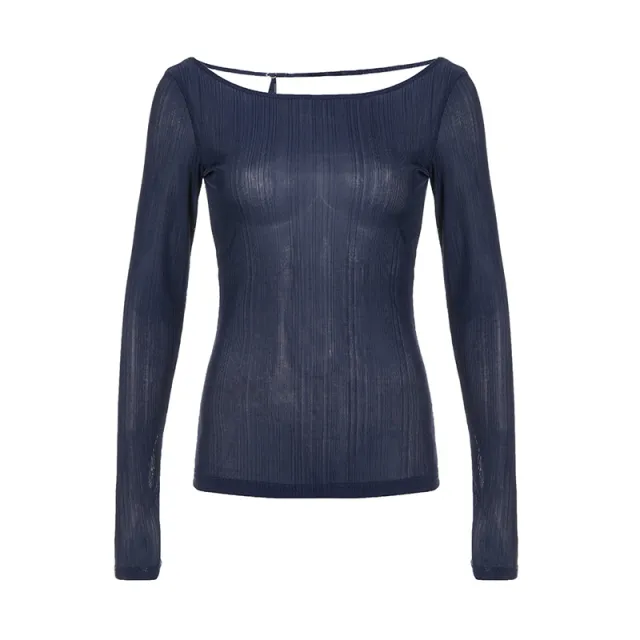 French Solid Color Bare Back Slim Long Sleeve Top Blue - Shop at LoveMi