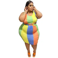 Sleeveless Colour-Printed Pencil Skirt Trendy Elegant Plus-Size - Blue - View 1