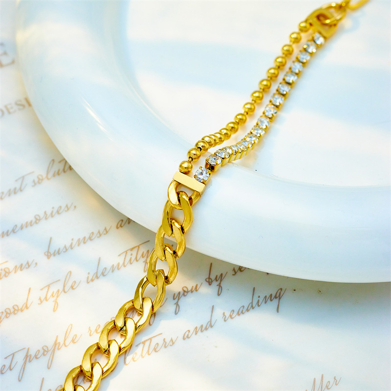 Asymmetric Diamond Double-layer Thick Chain Titanium Steel Metal Punk Hip Hop Simple All Match Jewelry Bracelet