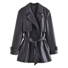 Women's Elegant Slightly Mature Imitation Leather Short Trench Coat - Black - View 1