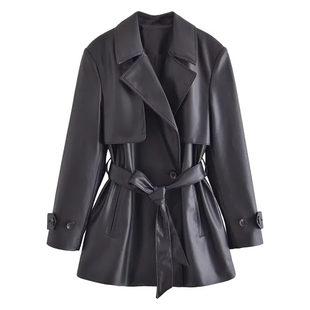Women's Elegant Slightly Mature Imitation Leather Short Trench Coat Black - Shop at LoveMi