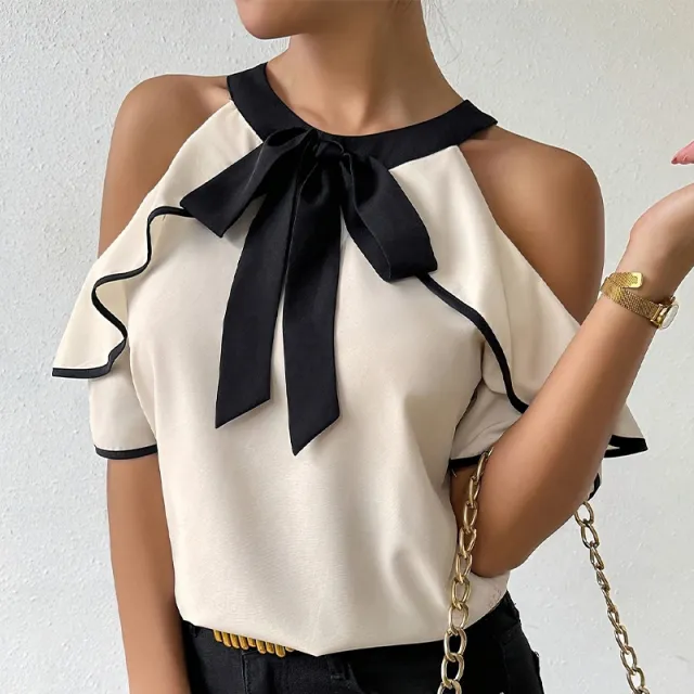 Elegant Double layer Short sleeve Shirt With A Bow tie Neckline - Shop at LoveMi