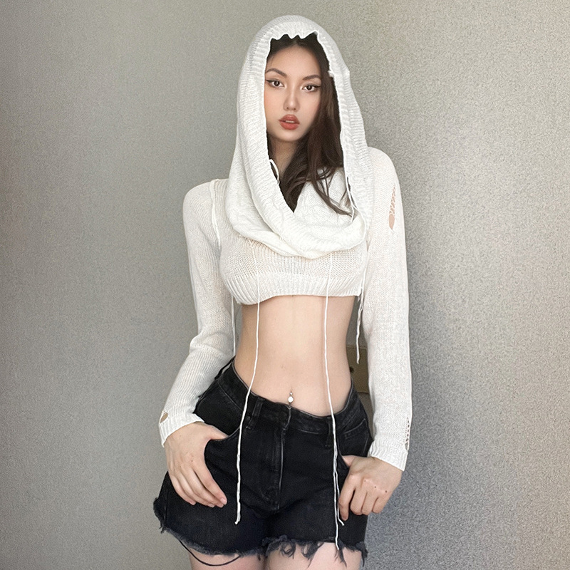 Solid Color Long-sleeved Top Winter New Cropped Pullover Simple Hooded Knitted Sweater