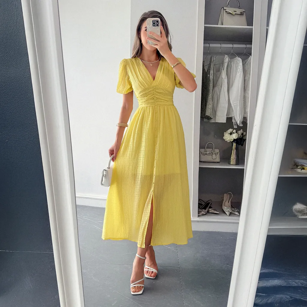 Elegant Vacation Style Deep V Short Sleeve Maxi Dress - Yellow