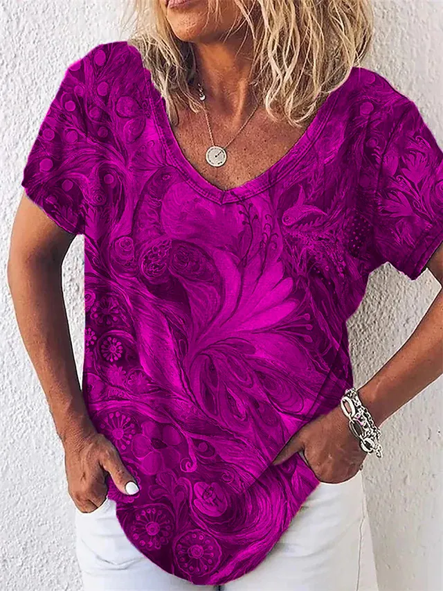 Europe And America Cross Border Summer Elegance Women's 3D Women's Abstract Painting T shirt Pattern Graffiti Purple - Shop at LoveMi