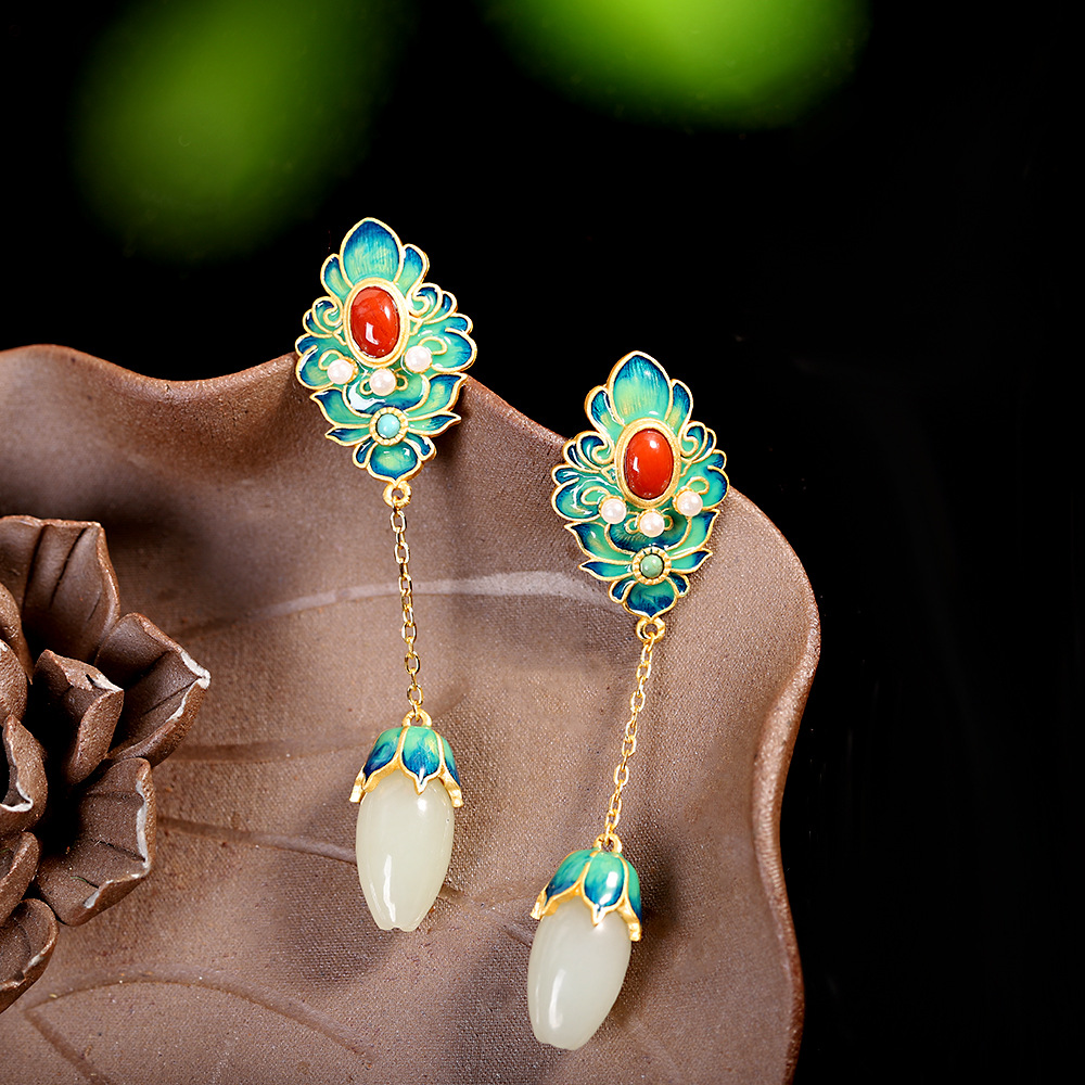 Silver S925 Silver Inlaid Hetian Jade White Jade Flower Earrings
