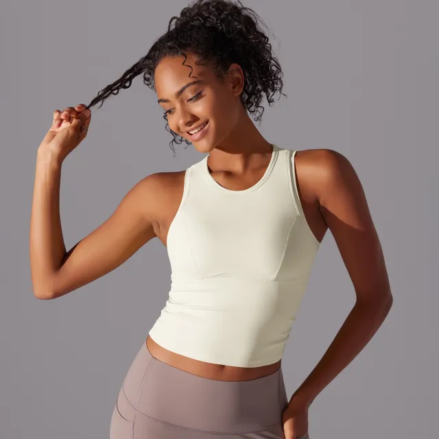 Women's Long High Elastic Sports Vest With Chest Pad Ivory - Shop at LoveMi