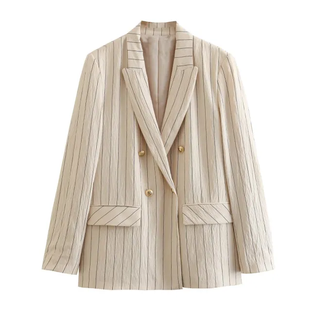 Spring NEW Long Sleeve Double Breasted Suit Jacket High Waist Casual Pants Striped Suit Suit Top L - Shop at LoveMi