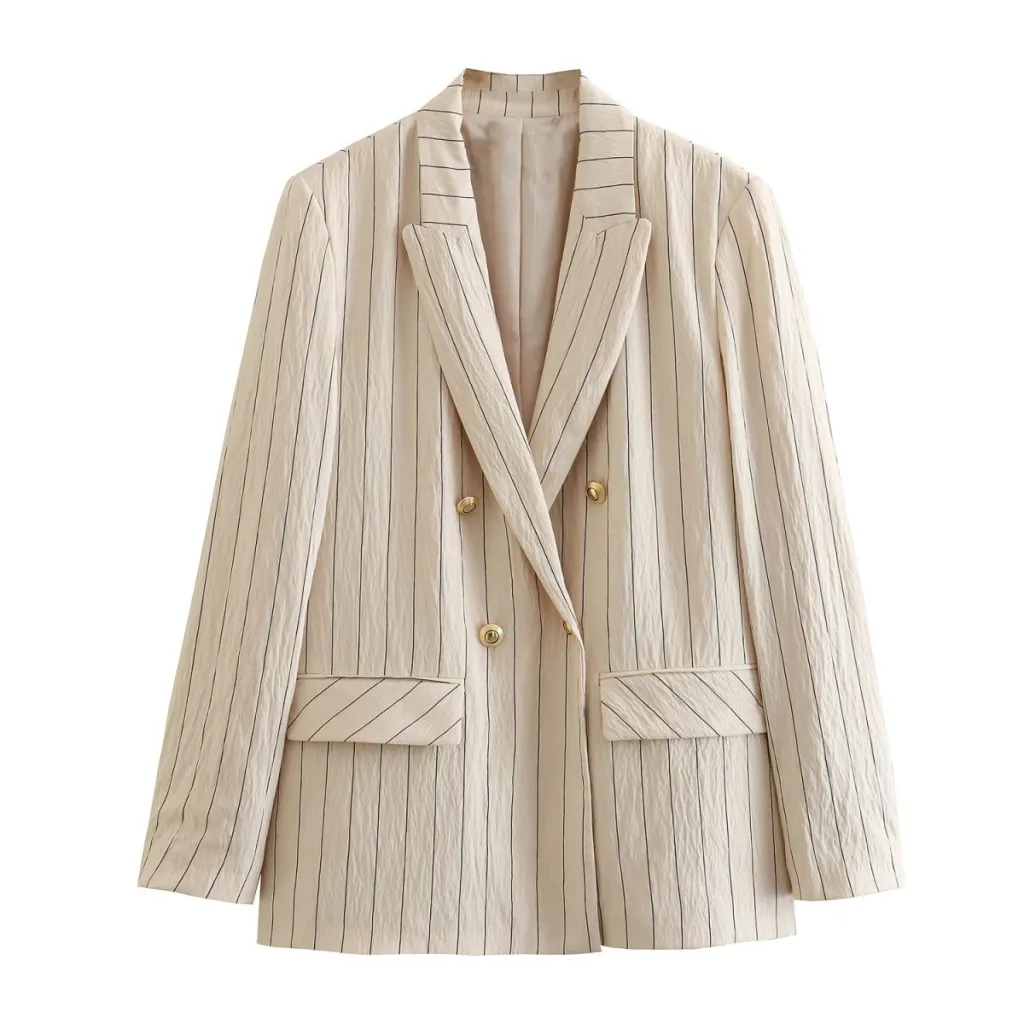 Spring NEW Long Sleeve Double Breasted Suit Jacket High Waist Casual Pants Striped Suit - Suit Top-L