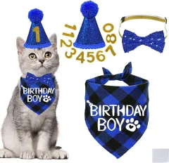 Pet Birthday Plaid Mouth Catty Scarf Glitter Hat Sequined Bow Tie Suit Number Birthday Arrangement - Sapphire Blue - View 1