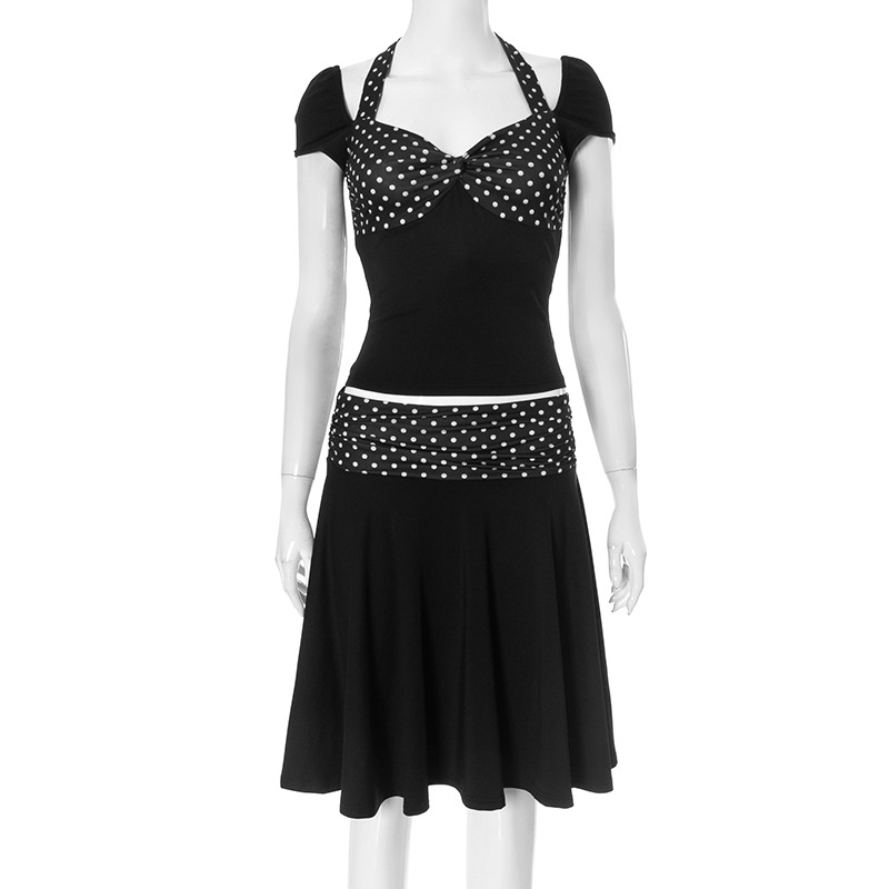 Backless Top Polka Dot Stitching Mid length Dress Set Black - Shop at LoveMi
