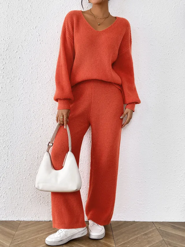 Women's Casual Suit V neck Loose Top Solid Color Wide leg Straight Pants Orange - Shop at LoveMi