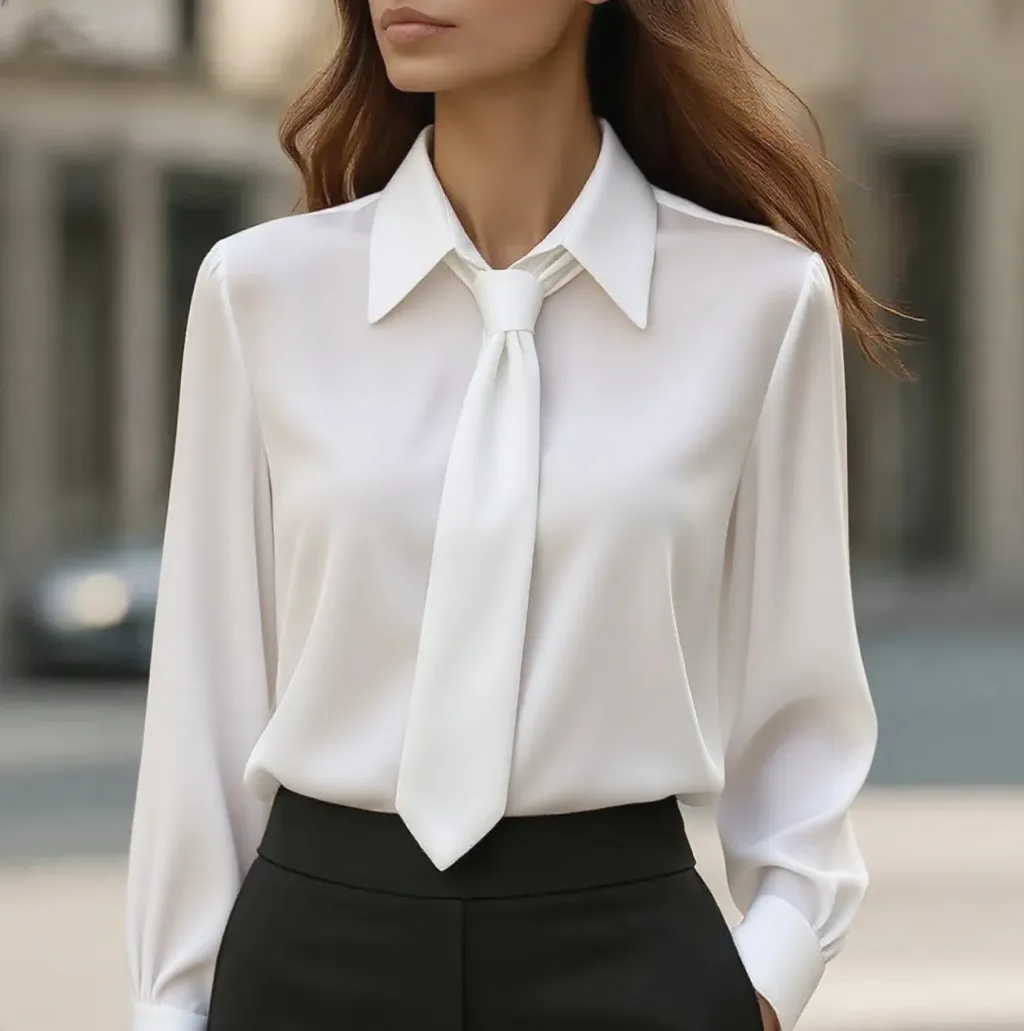 Solid Color Casual Tie Long Sleeve French Shirt Women's Shirt - White