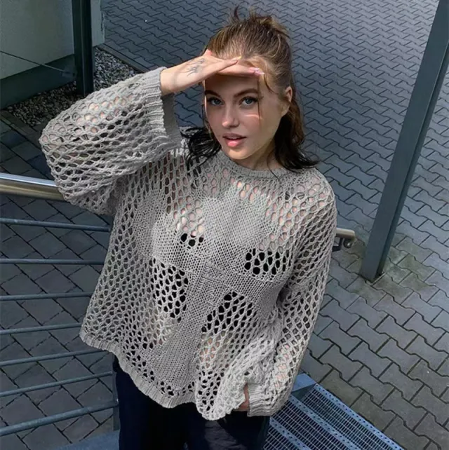 Women's Fashion Round Neck Hollow Knitted Sweater Gray - Shop at LoveMi
