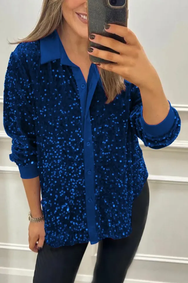 Women's Solid Color Lapel Long Sleeve Button Sequined Shirt Blue - Shop at LoveMi