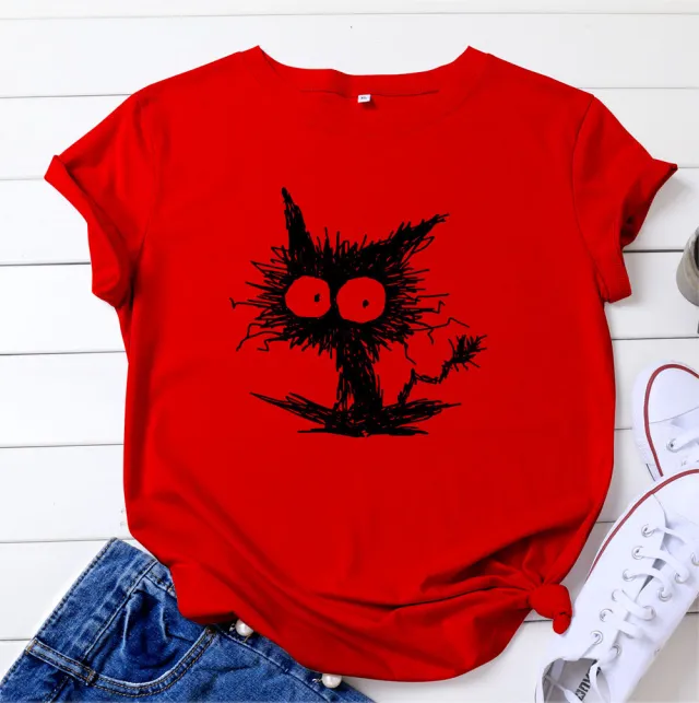 Spot European And American Fashion Cross border Cat Printing Casual Cotton Short Sleeve T shirt Women's Clothing Red And Black Picture - Shop at LoveMi