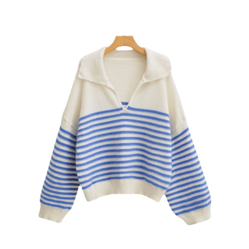 Women's V neck Striped Knitted Sweater Blue - Shop at LoveMi