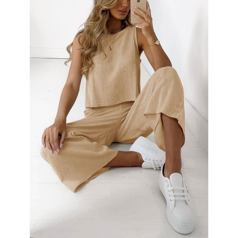 Cotton And Linen Suit Women's Sleeveless Shirt Cropped Wide leg Pants Two Piece Set Khaki - Shop at LoveMi