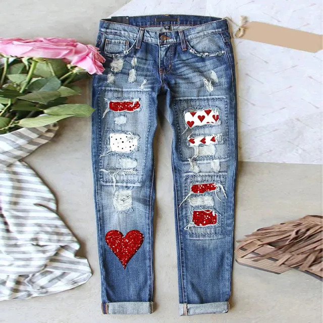 Women's Denim Print Loose High Waist Pocket Wide Leg Pants Pants - Shop at LoveMi
