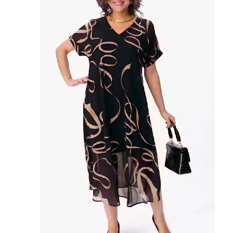 Western Style Plus Size Women's That Makes You Look Younger Printed Short Sleeve Dress - Black