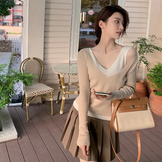 Fake Two piece Off the shoulder V neck Sweater Apricot - Shop at LoveMi