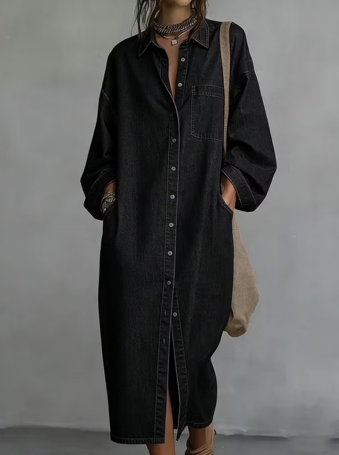 Single-breasted Loose-fit Denim Shirt Casual Dress