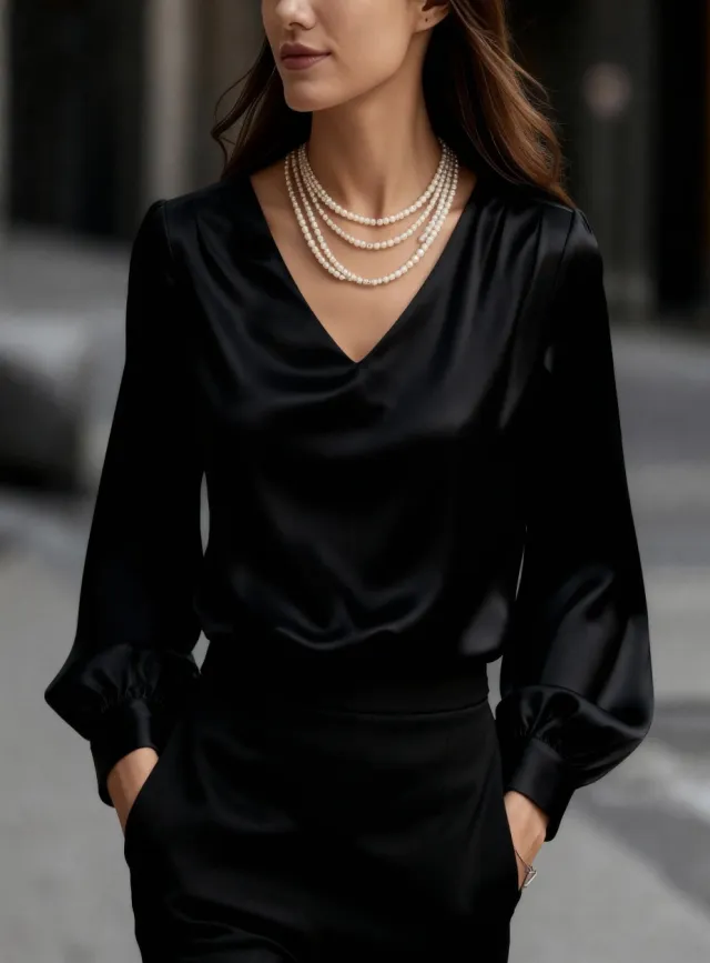 French style Elegant And Sophisticated Satin Long sleeve Blouse With Bubble Sleeves And A V neck Black - Shop at LoveMi