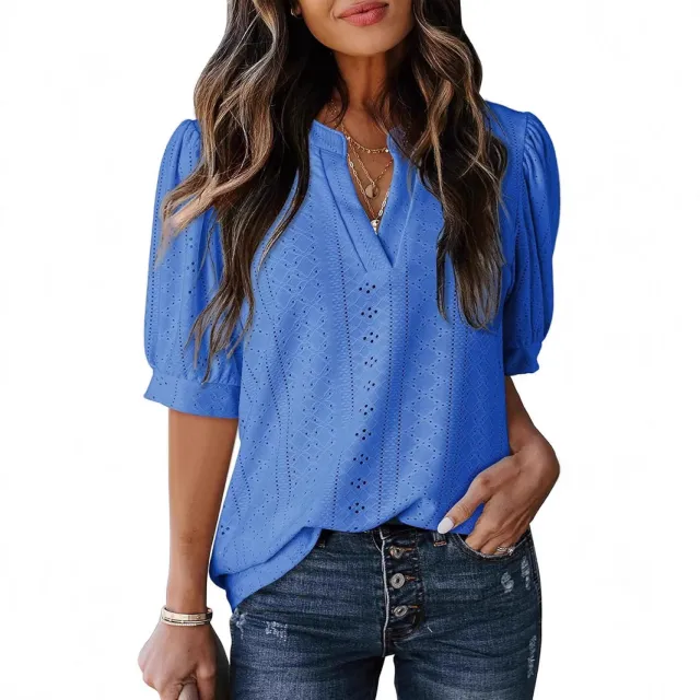 Women's Summer Business Casual Blouse V neck Short Sleeve Shirt Blue - Shop at LoveMi