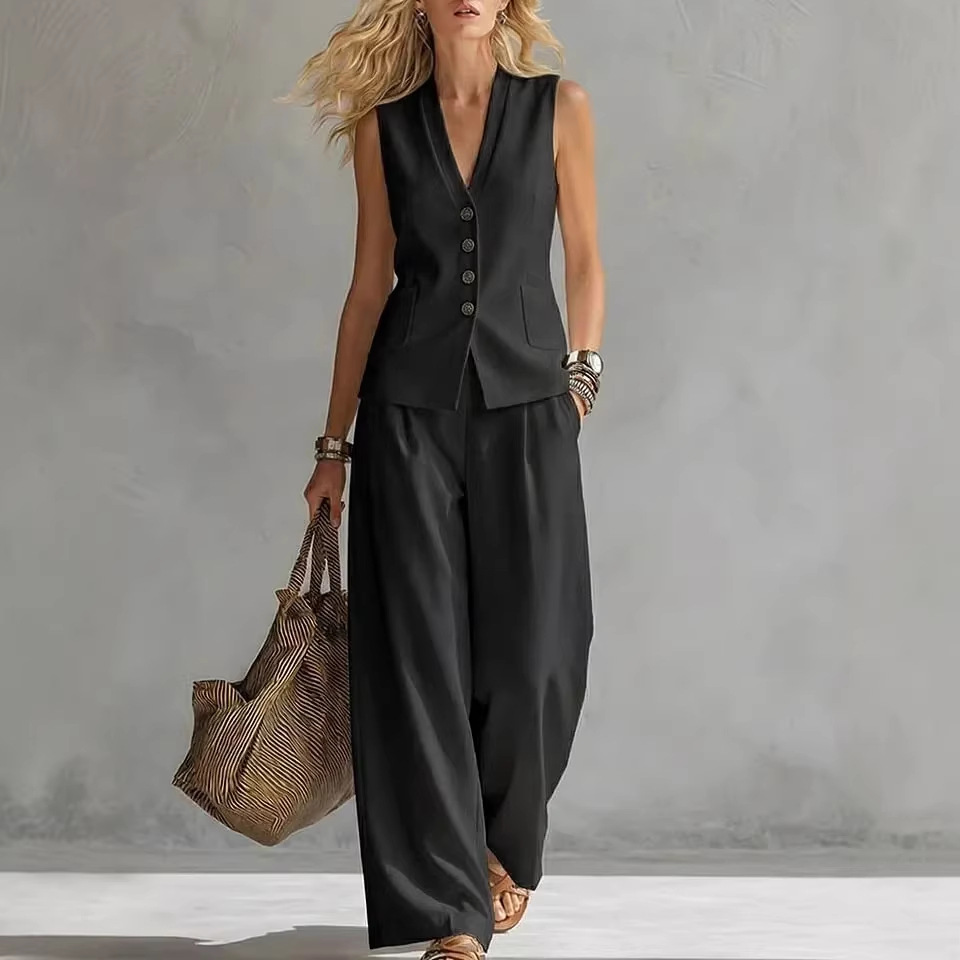 Womens Solid-Colored Sleeveless Casual Linen Tank Top And Pants Set 3