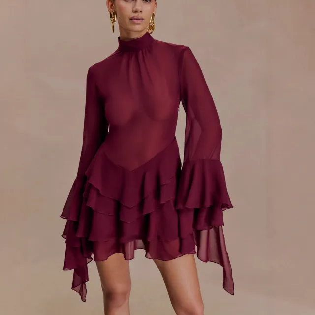 New Elegant Temperament Trumpet Sleeve Sexy Chiffon Dress Dark Red - Shop at LoveMi