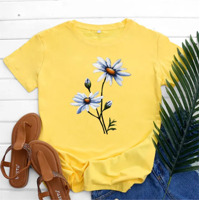 Women's Fashion Flower Print Round Neck Short Sleeve T shirt Yellow - Shop at LoveMi