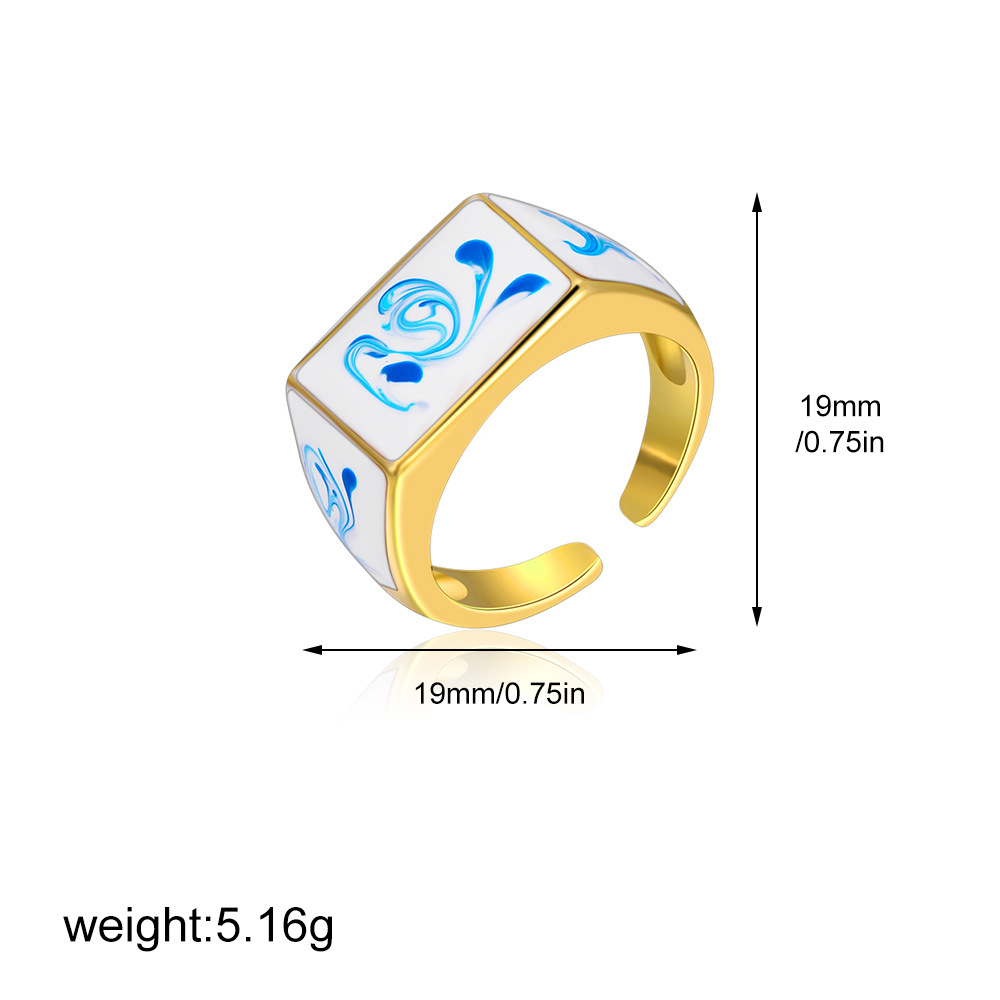 Vintage Enamel Oil-Blue And White Pattern Ring For Women