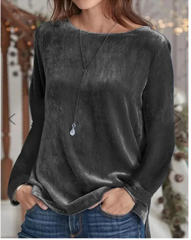 Solid Color Velvet Round Neck Pullover Long Sleeve Sweater Black - Shop at LoveMi