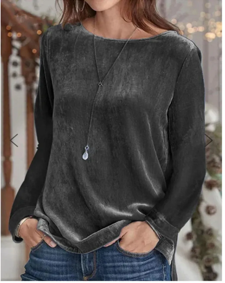 Solid Color Velvet Round Neck Pullover Long Sleeve Sweater - Black