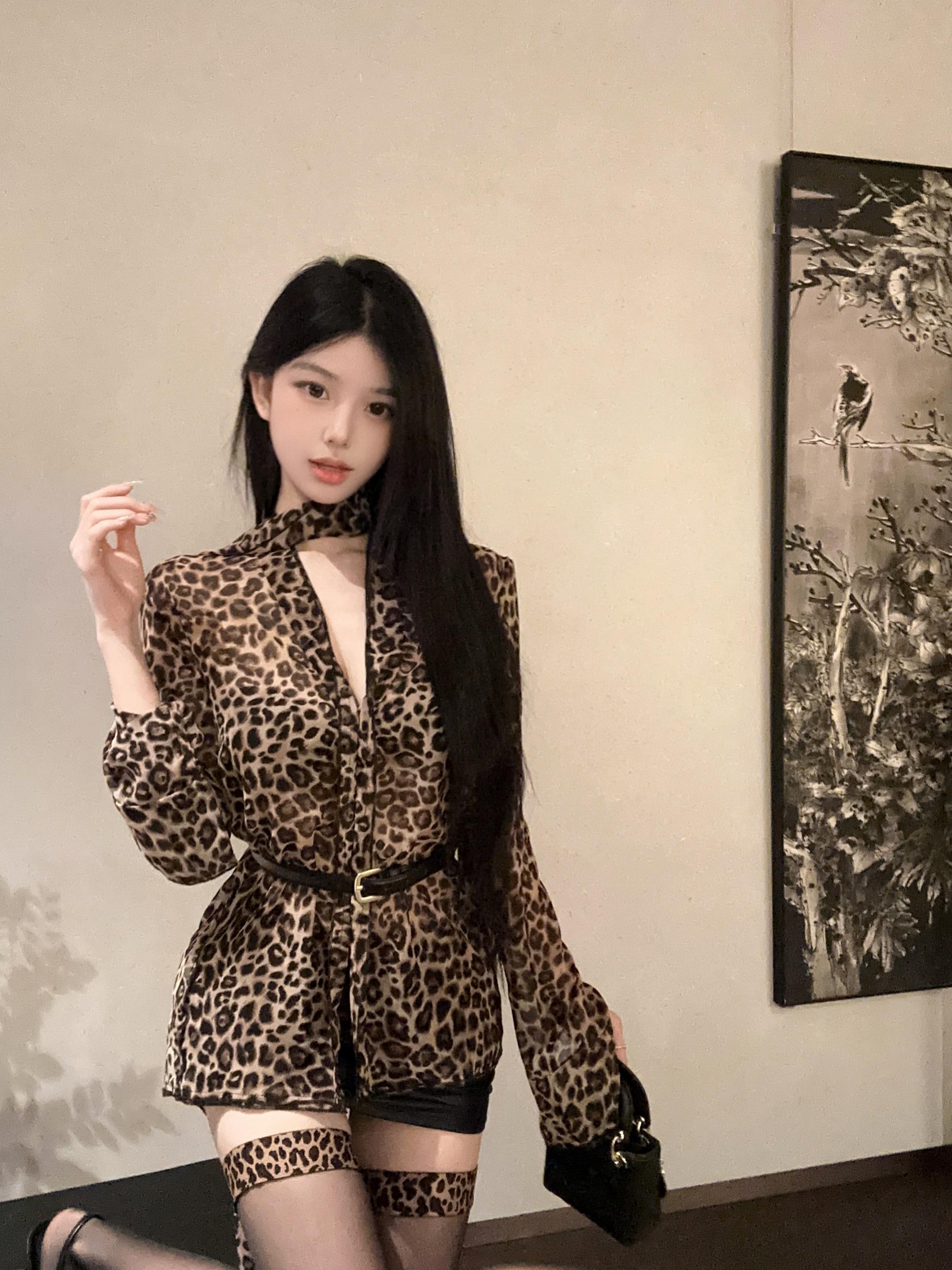 Leopard Print V-neck Long Sleeve Chiffon Shirt For Women